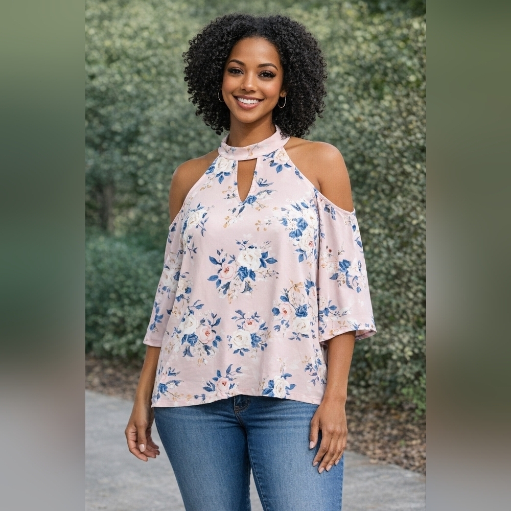 Monteau Pink Floral Blouse with Keyhole Neckline Cold Shoulder Size L Boho